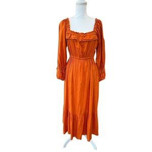 Nicholas Orange Square Neck Long Sleeve Smocked Maxi Dress US 8